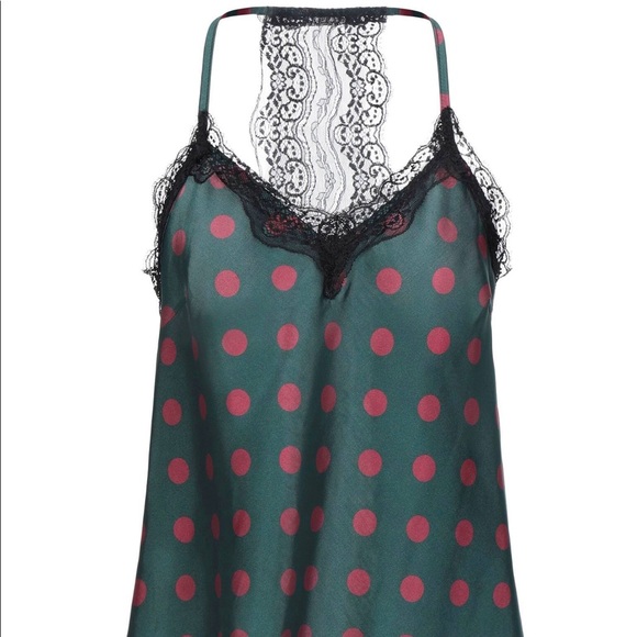 SOUVENIR Slip Lace camisole Top-Green With Red Polka Dots Sz Small - Picture 2 of 6